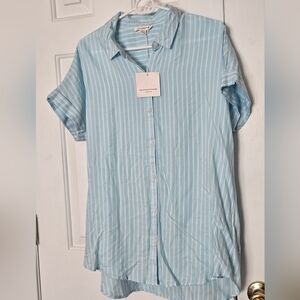 beachlunchlounge Light Blue Striped Button Down Short Sleeve Women Shirt Size L